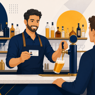 California RBS alcohol server checking a customer ID while pouring a beer