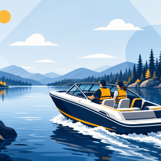 Motorboat with life jackets cruising on a Minnesota lake