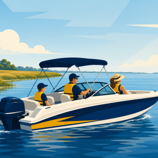 Family powerboat with life jackets on South Carolina coastal water