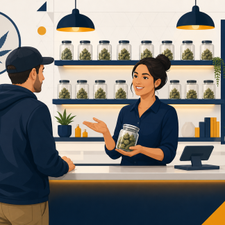 Maryland cannabis dispensary budtender assisting a customer at the counter