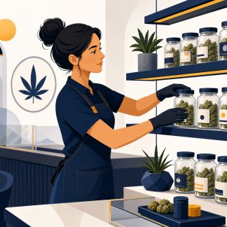 Minnesota cannabis worker stocking labeled product jars on dispensary shelves