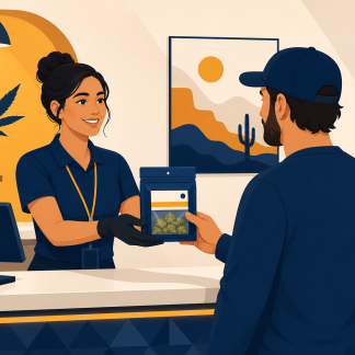 New Mexico cannabis server handing a labeled product bag to a customer