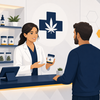 Utah medical cannabis agent in a white coat assisting a patient at the pharmacy counter