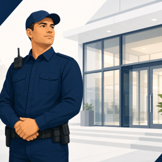 Uniformed Georgia security guard standing alert at a building entrance