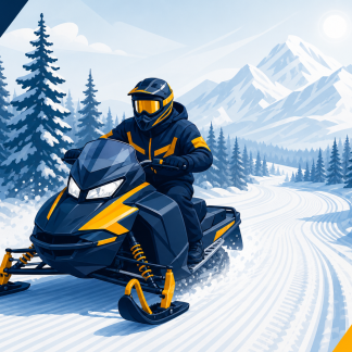 Snowmobile rider in safety gear on a groomed Wisconsin forest trail